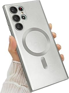 Magnetic for Samsung Galaxy S22 Ultra Case for Women Men Girls [Compatible with MagSafe] [Camera Lens Protector] Matte Cute Slim Soft Silicone Bumper Shockproof Metallic Phone Case, Silver