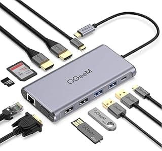 كيو جيم قاعدة شحن لابتوب 12 في 1 بمنفذ USB C وشاشة مزدوجة نوع ثلاثية الشاشة مع منفذ HDMI مزدوج 4K VGA 100 واط PD ايثرنت 4 SD/TF متوافقة ماك بوك وويندوز رمادي