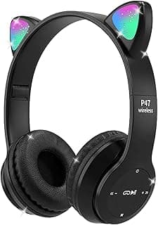 Megadream Kid's Wired Foldable Wireless Bluetooth Headphones with Cat Ear LED Light (Black) Headset | Over Ear, LED Light,TF Card,Wired,Foldable,Volume limited; Birthday gifts; Toddlers headset for girls, fire tablets, PC