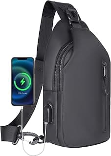 Sling Bag with USB Charging Port, Black Crossbody Bag, 2 Zipper Compartments, 30cm x 16cm x 8cm