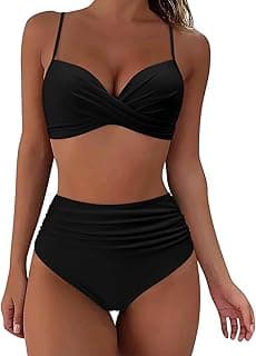 Womens High Waisted Bikini Sets Tummy Control Bathing Suit Two Piece Color Block Swimsuit Pure Black Medium