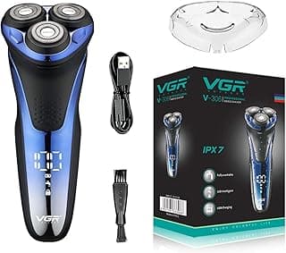 V-306 ماكينة حلاقة كهربائية مميزة لاسلكية قابلة لإعادة الشحن، مقاومة للماء بالكامل IPX7، 3 رؤوس دوارة للحلاقة الجافة والمبللة مع ماكينة تشذيب مدمجة، شحن فائق السرعة، وقت تشغيل 90 دقيقة مع شاشة LED رقمية - أزرق