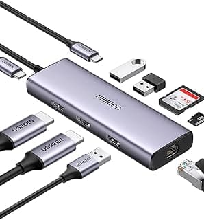 محول USB النوع سي إلى 2 USB النوع 3.0 + USB 2.0 + 2 اتش دي ام اي + ار جيه 45 جيجابت + اس دي وتي اف +منفذ بي دي من يوجرين