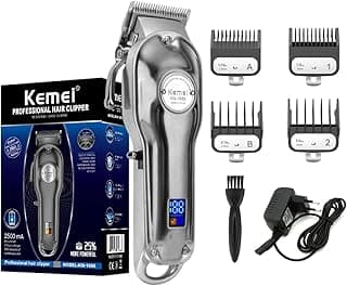 Hair Shaver & Clipper, Stainless Steel Precision, 300 Min Runtime, High-Power Motor, Cord/Cordless, LED Display - Your Ultimate Grooming Companion, KM-1986 (Silver)