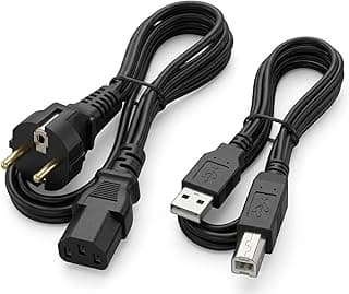 Printer Cable USB A to B + Power Cable C13 1.2m – Printer Cable & Power Cord Set Compatible with HP Canon Epson Brother – Black