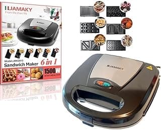 Jamaki 6 in 1 Waffle Maker Sandwich Maker 1500W - Waffle Maker with Non-Stick Coating, Buckle Easy to Use and Clean Versatile for Waffle, Sandwich, Donut, Walnut-jmk2013