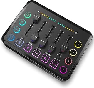كارت صوت ميكسر لاسلكي قابل للشحن مع طاقة فانتوم 48 فولت - ميكروفون XLR و 5 قنوات واجهة صوت - 1800 مللي أمبير، تحكم فردي - إضاءة RGB - للموبايل/الجيمنج/البودكاست/التسجيل | (F9)