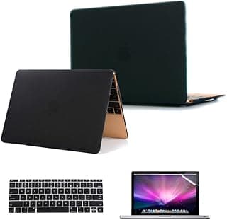 جراب بلاستيك صلب متوافق مع ابل Macbook 12 بوصة 2015/2016/2017/2018 موديل A1534/A1931، مع كفر كيبورد وشاشة حماية، لون أسود