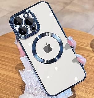 Clear Case for iPhone 12 Pro, Compatible with MagSafe, Built-in Camera Lens Protector, Slim Luxury Plating Edge Soft TPU Cover Protective, Transparent Case for Women Men - Blue