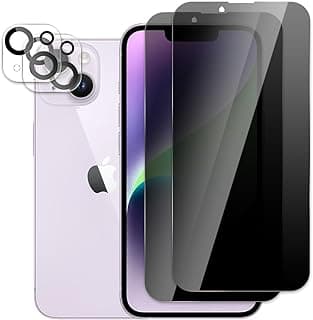 Pack of 2 Privacy Screen Protectors for iPhone 14 with 2 Camera Tempered Glass Screen Protector, Anti-Spy Protective Glass, 9H Hardness, Anti-Scratch, Anti-Oil, Anti-Bubble, Easy Installation