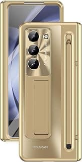 جراب متوافق مع سامسونج Galaxy Z Fold 6، مع واقي شاشة مدمج وقلم S Pen، مسند معدني مخفي، جراب مضاد للصدمات، حماية كاملة للجسم لهاتف Z Fold 6 (ذهبي)