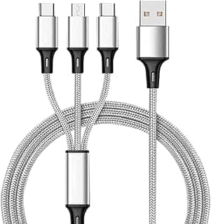 كابل شحن 3 في 1 مغطى بالنايلون، كابل USB متعدد للشحن السريع متوافق مع Type-C وMicro USB ومعظم أجهزة ايفون وايباد واندرويد