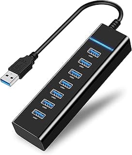 موزع USB 3.0 بـ7 منافذ ZR207، موسع بيانات محمول رفيع للغاية مع مؤشر LED ازرق، متوافق مع اللابتوب والكمبيوتر وماك بوك (اسود)