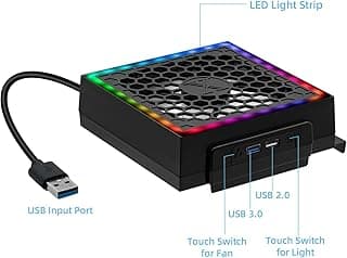 مروحة تبريد لجهاز Xbox Series S، إضاءة RGB، ضوضاء منخفضة، منفذين USB إضافيين، 3 مستويات سرعة، مروحة تبريد خارجية - أسود