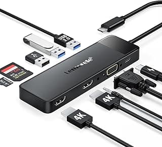 قاعدة توصيل أجهزة اللاب توب، محول 10 في 1 مع منفذي HDMI ومنفذ VGA و3 منافذ USB 3.0/2.0، قارئ بطاقات ومنفذ صوت وشحن بقوة 100 وات متوافق مع أجهزة ماك بوك واتش بي وديل ولينوفو وسيرفس من ليموريل، 3.5 ملم