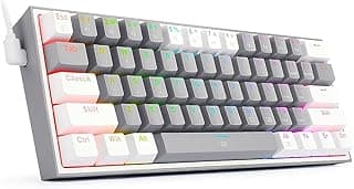 كيبورد فيز العاب ميكانيكي مدمج بسلك 60% باضاءة ملونة RGB و61 مفتاح اضاءة حمراء خطي يدعم برنامج تشغيل برو من ريدراجون K617 || رمادي ابيض