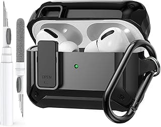 جراب لسماعات ابل AirPods Pro 2/1 موديل 2019/2022/2023، [قفل أمان] جراب مدرع لسماعات ابل AirPods الجيل الثاني/الأول مع قلم تنظيف - غطاء حماية متين ومقاوم للصدمات مع ميدالية - أسود