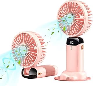 Mini Handheld Fan,Portable Personal Fan with USB Rechargeable 5000mAh Battery,5 Speed Hanging Neck Fan 90° Adjustable,11-20 Hours Operated Small Desk Fan for Home Office Travel (Pink)