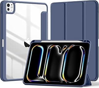 Case for iPad Pro 11-Inch M4 2024 (5th Generation) with Pencil Holder, Clear Transparent Back Shell Slim Stand Shockproof Tablet Cover, Auto Wake/Sleep (Dark Blue)