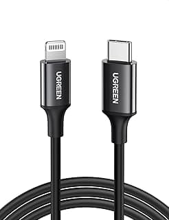 كابل USB النوع سي الى لايتنينج [معتمد من ابل] بتقنية PD 18 وات يو جرين للمزامنة السريعة للبيانات لايفون 13 برو/13/13 Pro Max/12 ميني/ 12/12 برو/ايباد 9 و12 الجديد ـ اسود - 1 متر
