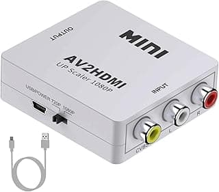 محول ار سي ايه إلى HDMI ومحول ايه في إلى HDMI، محول صوت وفيديو مصغر مركب بدقة 1080P يدعم أجهزة بلاي ستيشن 2 و3 و4 وDVD وDTV والبروجكتور مع كابل طاقة USB - لون أبيض
