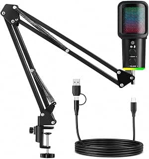 SU9 USB RGB Condenser Microphone Kit with Boom Arm – Cardioid USB Gaming & Streaming Microphone, Echo Control, Noise Reduction, Plug-and-Play for PC, Podcasting & Recording