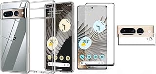 مجموعة حماية 3 في 1 لهاتف Google Pixel 7 Pro: جراب TPU شفاف + اسكرينة زجاج مقوى + حماية لعدسة الكاميرا الخلفية