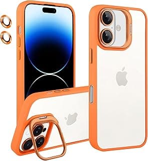 Dl3 Mobilak for iPhone 16 6.1-Inch Clear Case with Kickstand, Built-in Camera Ring Stand, with Lens Protector Cover, Shockproof Hard PC Back Soft TPU Frame Slim Case - Orange
