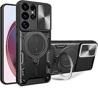 جراب متوافق مع سامسونج Galaxy S26 Ultra، جراب ظهر بحماية فائقة مع غطاء كاميرا منزلق وحلقة مسند CD مدمجة مضاد للصدمات لهاتف سامسونج S26 Ultra (أسود)