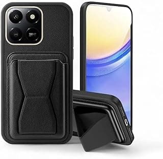 جراب جلد متوافق مع HONOR X6C، ظهر جلد مضاد للصدمات مع مكان لتخزين البطاقات وحامل مدمج من جلد PU لمظهر أنيق وقبضة مريحة (أسود)