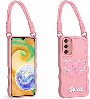 جراب سيليكون ناعم لهاتف سامسونج Galaxy A17 بتصميم فيونكة 3D - مع حبل يد بنفس لون الجراب - حماية كاملة ضد الصدمات والخدوش (وردي)