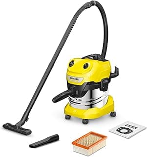 مكنسة كهربائية رطب وجاف موفرة للطاقة Karcher WD 4 S - بقدرة 1100 وات - خزان ستانلس ستيل 20 لتر، وظيفة طرد الهواء، فلتر مسطح - كابل 5 متر وخرطوم 2.2 متر - 1.628-260.0