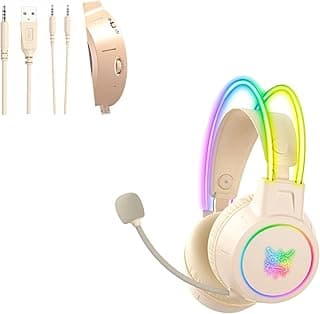 Onikoma Wired Gaming Stereo Headset with RGB Light, Headphones Over Ear with Mic, 3.5Mm Aux, Volume Control, Compatible with PS5, PS4, Laptops, Smartphone, PC, Mac Nintendo Switch (X15, Baige)