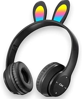 "Cute Rabbit Ear Headphones, Wireless Bluetooth 5.0 Headset with LED Light & Built-in Mic, Foldable Over-Ear Stereo Headset for Kids & Adults (Black Model B12)"