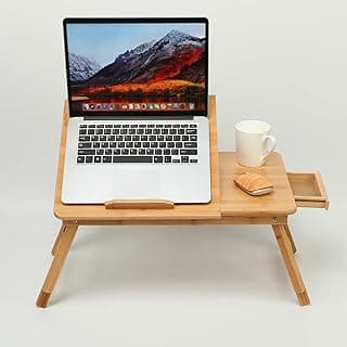 طاولة لابتوب قابلة للطي والتعديل من الخيزران مع مروحة تبريد USB ودرج تخزين - تصميم محمول متعدد الوظائف للقراءة وتناول الطعام