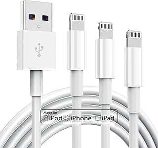عبوة 3 كابل شاحن ابل معتمد MFi، كابل Lightning إلى USB، شحن سريع 2.4A، شواحن طويلة لهواتف ابل 12/11/11Pro/11Max/ X/XS/XR/XS Max/8/7/6/5S/SE (3 قدم، أبيض)
