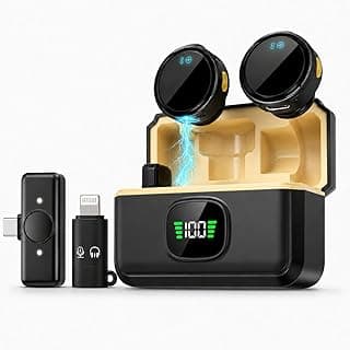 ميكروفون لاسلكي ثنائي لاڤالير، 2 مايك، علبة شحن بشاشة رقمية، تقليل ضوضاء، Plug & Play، متوافق مع iPhone و Type-C، أسود