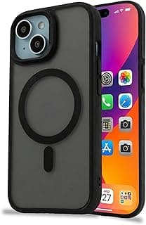 جراب لهاتف iPhone 15، شفاف مطفي مع لمسات سوداء، حماية للكاميرا، يدعم الشحن اللاسلكي