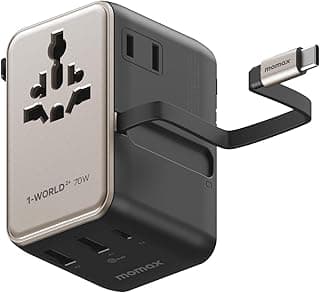 MOMAX Universal Power Adapter with Extendable Cable, 70W Worldwide Travel Adapter with Dual AC Ports, 3 USB-C Ports and 2 USB-A Ports