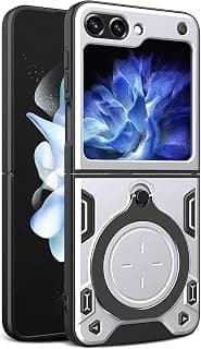 جراب GRABIST متوافق مع سامسونج Galaxy Z Flip 6، غطاء كاميرا منزلق، حلقة دوران 360 درجة، مسند، مضاد للصدمات، حامل مغناطيسي للسيارة (فضي)