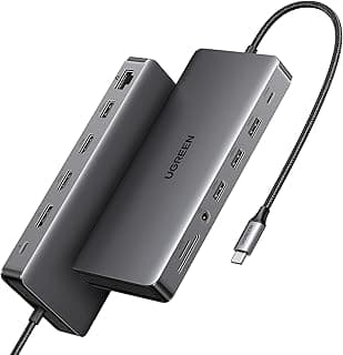 قاعدة توصيل يوجرين ريفودوك برو 313، قاعدة تدعم 3 شاشات 13 في 1 USB C مع منفذ HDMI مزدوج، DP، 10 جيجابت/ث USB-C وUSB-A، باور ديلفري 1000 واط، إيثرنت، SD/TF، منفذ صوت 3.5 ملم لاكس بي اس وثينك باد وأكثر