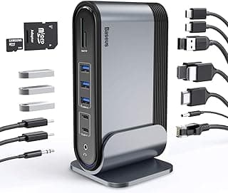 قاعدة توصيل USB C ثلاثية العرض من باسيوس، 17 في 1 4K، قاعدة لاب توب USB C مع 3 منافذ HDMI 4K، جيجابت ايثرنت، توصيل طاقة 100 وات، 5 USB، قارئ بطاقات SD/TF، صوت 3.5 ملم، مع حامل لويندوز وماك