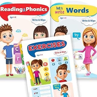 مجموعة 3 كتب للكتابة والمسح لتأسيس اللغة الإنجليزية | القراءة والصوتيات – لنكتب الكلمات – تمارين إنجليزية | كتب تعليمية للأطفال 5-8 سنوات | مقاس كبير 33x24 سم
