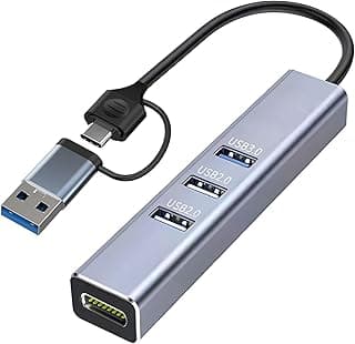 USB-C to Ethernet Adapter, USB A & USB C Hub with RJ45 10/100 Ethernet Adapter(2X USB2.0 and 2xUSB3.0) Aluminum Network Ethernet Adapter- R12 AC, Silver