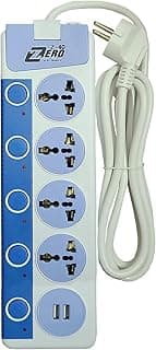 Zero Electronics ZR-40 4-Outlet Power Strip with USB Ports, Universal Socket, White and Blue, Surge Protection