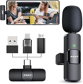 PKST 2 in 1 K8 Wireless Microphone, Digital Mini Portable Recording Clip Mic with Receiver for All Type-C Lightning Mobile Phones Camera Laptop for Vlogging YouTube Online Class, Zoom Call