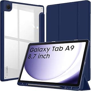 جراب لسامسونج Galaxy Tab A9 8.7 بوصة (2023)، غطاء خلفي شفاف مقاوم للصدمات مع مكان للقلم، خاصية النوم/الاستيقاظ التلقائي (كحلي)