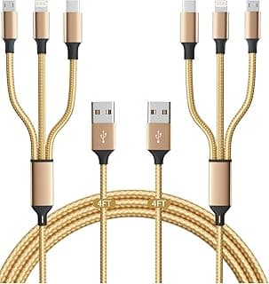 (2 Pack) Charger Cable Nylon Braided 3 in 1 Charging Cable Multi USB Cable Fast Charging Cord with Type-C, Micro USB and IP Port, Compatible with Most iPhones & iPads & Android