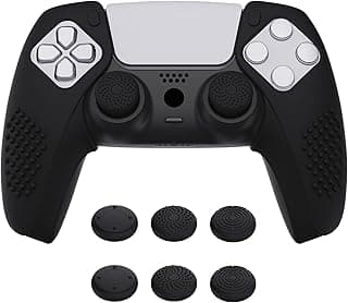 جراب سيليكون ناعم مريح PlayVital 3D Studded Edition أسود ليد تحكم PS5، مع 6 أغطية لعصا التحكم - متوافق مع قاعدة الشحن