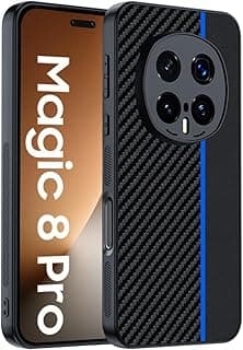 Compatible with Honor Magic8 Pro/Honor Magic 8 Pro – Premium Case Cover, Shockproof Carbon Fiber Texture with PU Leather and TPU Silicone, Scratch-Resistant (Black/Blue Stripe)